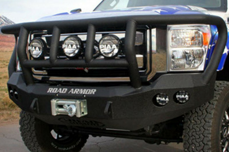 Road Armor Stealth 61102B 2011-2016 Ford F250/F350/F450 Superduty Front Winch Ready Bumper Titan II Grille Guard, Black Finish and Round Fog Light Hole