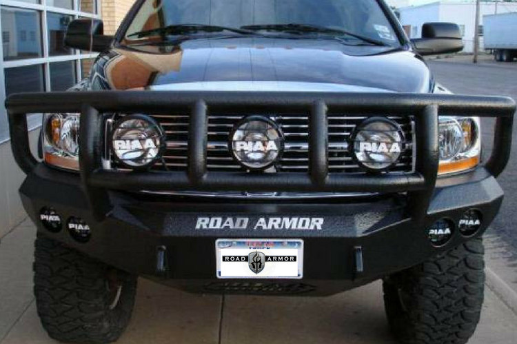 Road Armor Stealth 44062B 2006-2009 Dodge Ram 2500/3500 Front Winch Ready Bumper Titan II Grille Guard, Black Finish and Round Fog Light Hole