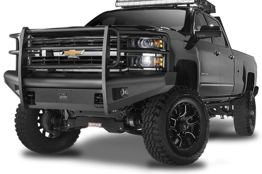 Fab Fours front bumper with full guard for 2003–2007 Chevy Silverado 2500/3500, featuring a rugged, black steel construction with integrated grille guard and angular design.