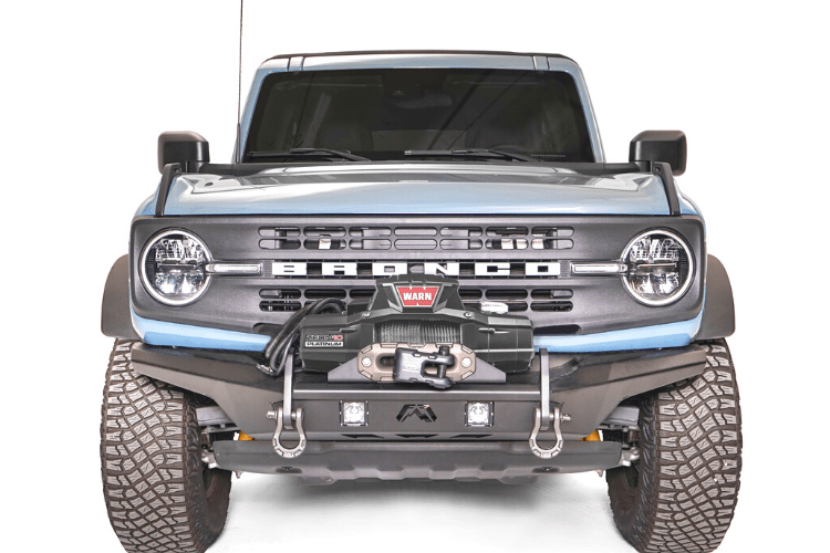 Fab Fours FB21-B5251-1 stubby front bumper with no guard on 2021-2024 Ford Bronco, compact off-road bumper designed for high clearance and rugged performance