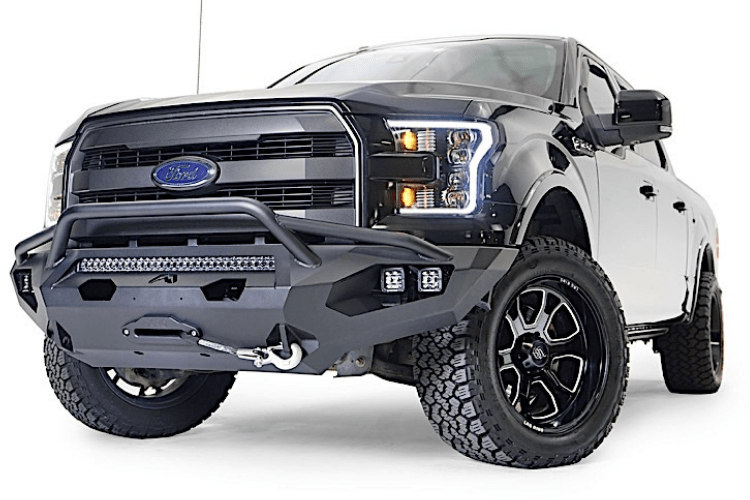 Fab Fours FF15-D3272-1 Aero front bumper with pre-runner guard installed on 2015-2017 Ford F-150, rugged off-road steel bumper with aggressive design and added grille protection