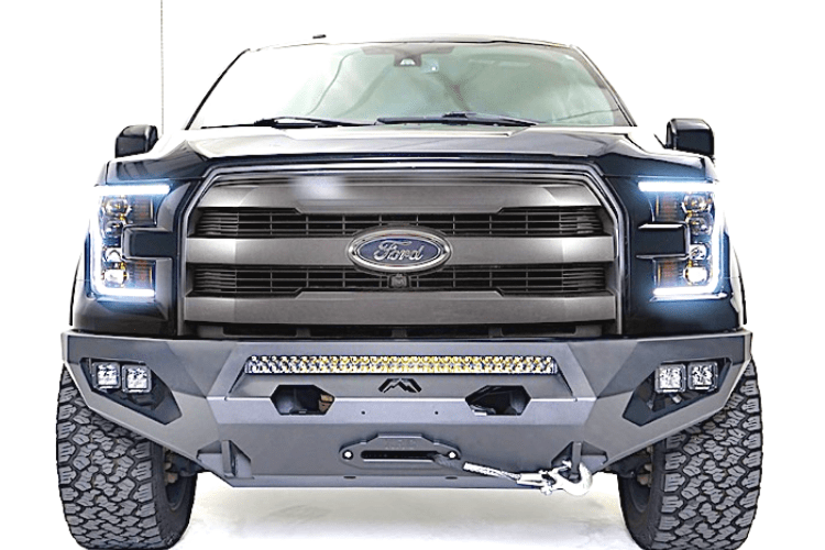 Ford F150 2015-2017 equipped with Fab Fours FF15-X3251-1 Matrix front bumper no guard winch ready