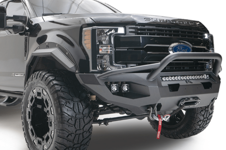 Fab Fours FS17-X4152-1 Matrix Front Bumper for 2017-2022 Ford F250/F350 Super Duty, winch-ready design with a pre-runner guard, providing rugged durability and aggressive front-end protection.