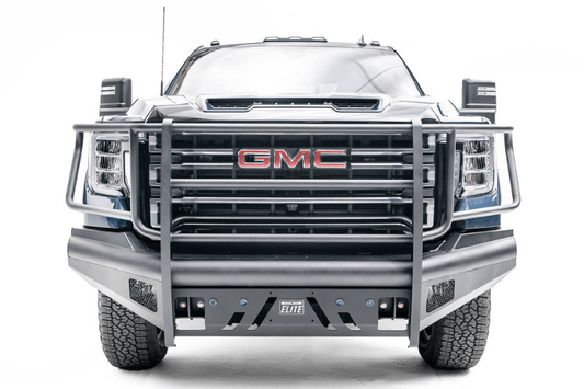 Fab Fours GM20-Q5060-1 Black Steel Elite Front Bumper with Full Guard and Sensor Compatibility for GMC Sierra 2500/3500 2020–2023 – rugged heavy-duty front protection.