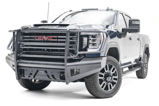 Fab Fours GM20-Q5060-1 Black Steel Elite Front Bumper with Full Guard and Sensor Compatibility for GMC Sierra 2500/3500 2020–2023 – rugged heavy-duty front protection.