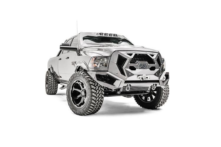 Fab Fours GR2900-1 Grumper Front Bumper for 2016–2018 Dodge Ram 2500/3500, featuring aggressive design, winch-ready capability, and integrated sensor holes for rugged off-road performance.