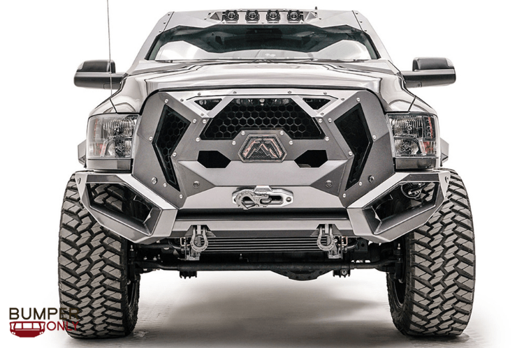 Fab Fours GR2900-1 Grumper Front Bumper for 2016–2018 Dodge Ram 2500/3500, featuring aggressive design, winch-ready capability, and integrated sensor holes for rugged off-road performance.