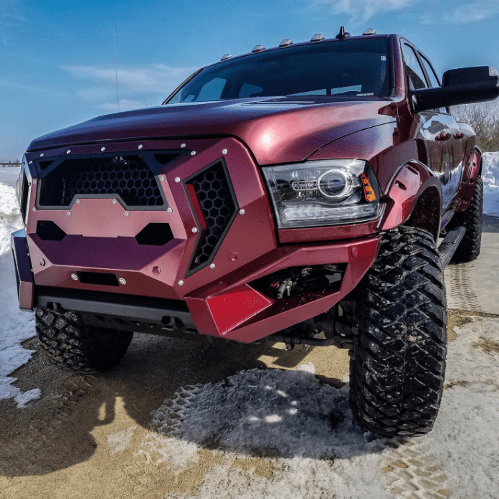 Fab Fours GR2900-1 Grumper Front Bumper for 2016–2018 Dodge Ram 2500/3500, featuring aggressive design, winch-ready capability, and integrated sensor holes for rugged off-road performance.
