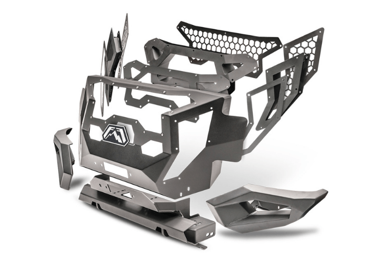 Fab Fours GR3900-1 Grumper front bumper on 2019–2022 GMC Sierra 1500, winch-ready with integrated sensor holes and aggressive grille design