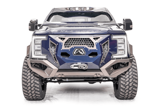 Fab Fours GR4100-1 Grumper front bumper for 2017-2022 Ford F250/F350 Superduty, winch ready with integrated sensor holes and aggressive off-road design.