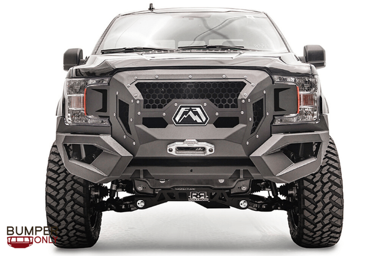 Fab Fours GR4500-1 Grumper front bumper for 2018–2020 Ford F-150, winch ready with aggressive grille and bumper combo design for enhanced off-road protection.