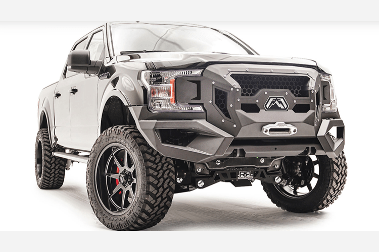Fab Fours GR4500-1 Grumper front bumper for 2018–2020 Ford F-150, winch ready with aggressive grille and bumper combo design for enhanced off-road protection.