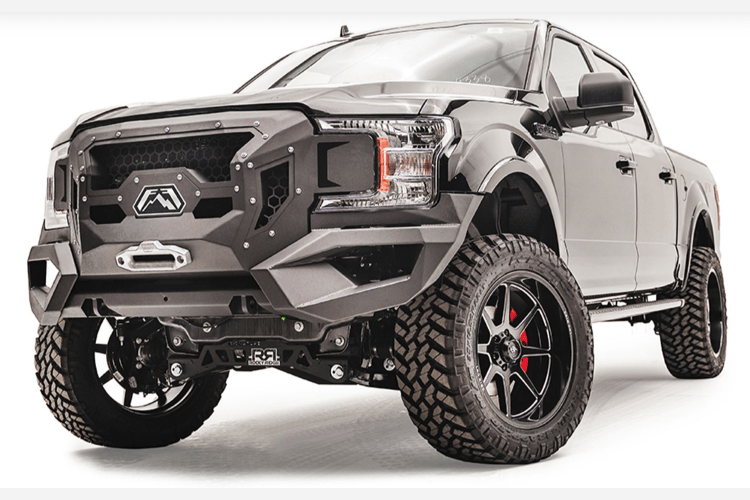 Fab Fours GR4500-1 Grumper front bumper for 2018–2020 Ford F-150, winch ready with aggressive grille and bumper combo design for enhanced off-road protection.