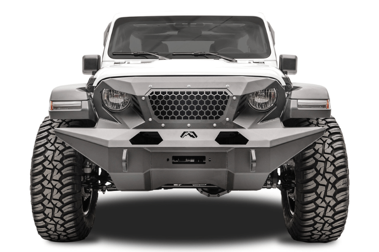 Fab Fours GR4610-1 Grumper full width front bumper on 2018-2024 Jeep Wrangler JL, aggressive all-in-one grille and bumper combo for extreme off-road protection and style