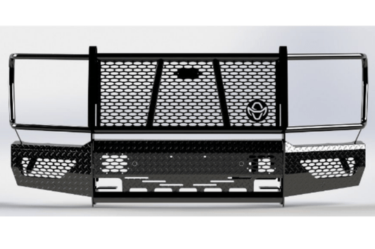 Ranch Hand FSF21HBL1C Summit Front Bumper with Grille Guard for 2021–2023 Ford F-150, featuring adaptive cruise control compatibility and durable diamond-plate steel construction.
