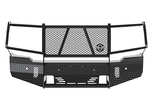 Ranch Hand FSG201BL1 Summit Front Bumper for 2020–2023 GMC Sierra 2500HD/3500HD, featuring heavy-duty diamond-plate steel construction, full grille guard, and compatibility with factory tow hooks and fog lights.