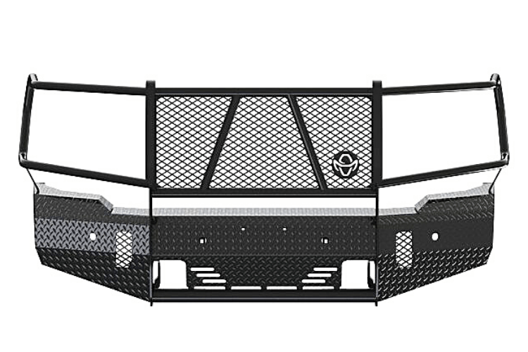 Ranch Hand FSG201BL1 Summit Front Bumper for 2020–2023 GMC Sierra 2500HD/3500HD, featuring heavy-duty diamond-plate steel construction, full grille guard, and compatibility with factory tow hooks and fog lights.