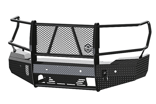 Ranch Hand FSG201BL1 Summit Front Bumper for 2020–2023 GMC Sierra 2500HD/3500HD, featuring heavy-duty diamond-plate steel construction, full grille guard, and compatibility with factory tow hooks and fog lights.