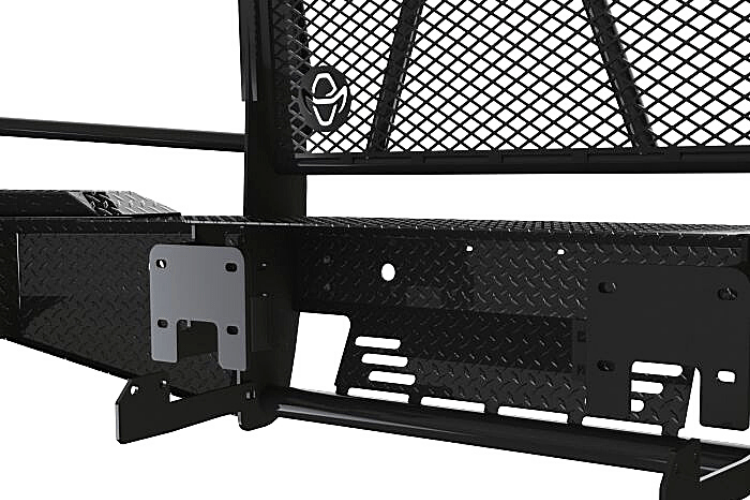Ranch Hand FSG201BL1 Summit Front Bumper for 2020–2023 GMC Sierra 2500HD/3500HD, featuring heavy-duty diamond-plate steel construction, full grille guard, and compatibility with factory tow hooks and fog lights.