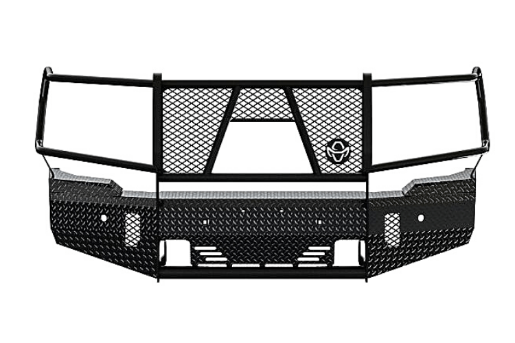 Ranch Hand FSG201BL1C Summit Front Bumper for 2020–2023 GMC Sierra 2500HD and 3500HD, featuring durable black powder-coated steel and compatibility with factory front camera systems.