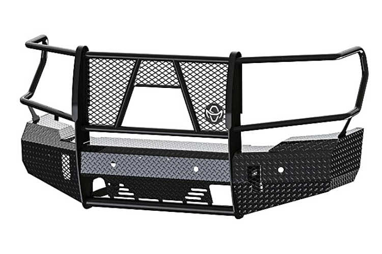Ranch Hand FSG201BL1C Summit Front Bumper for 2020–2023 GMC Sierra 2500HD and 3500HD, featuring durable black powder-coated steel and compatibility with factory front camera systems.