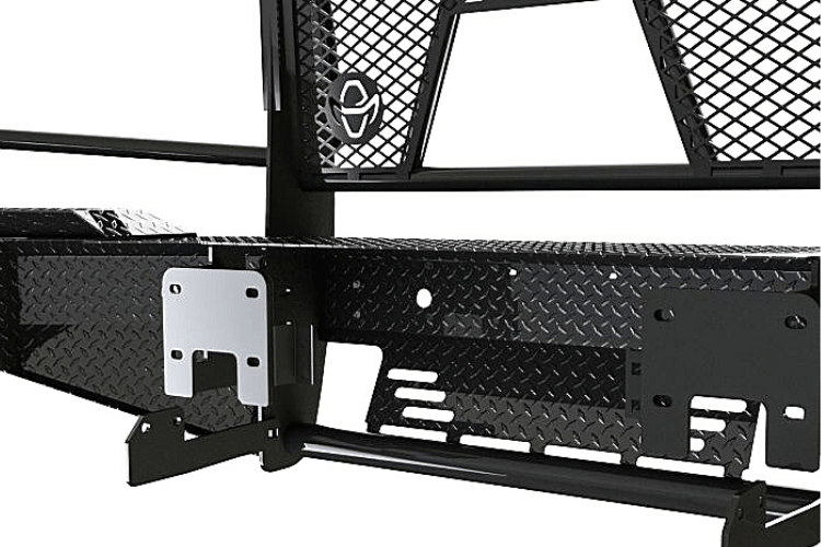 Ranch Hand FSG201BL1C Summit Front Bumper for 2020–2023 GMC Sierra 2500HD and 3500HD, featuring durable black powder-coated steel and compatibility with factory front camera systems.