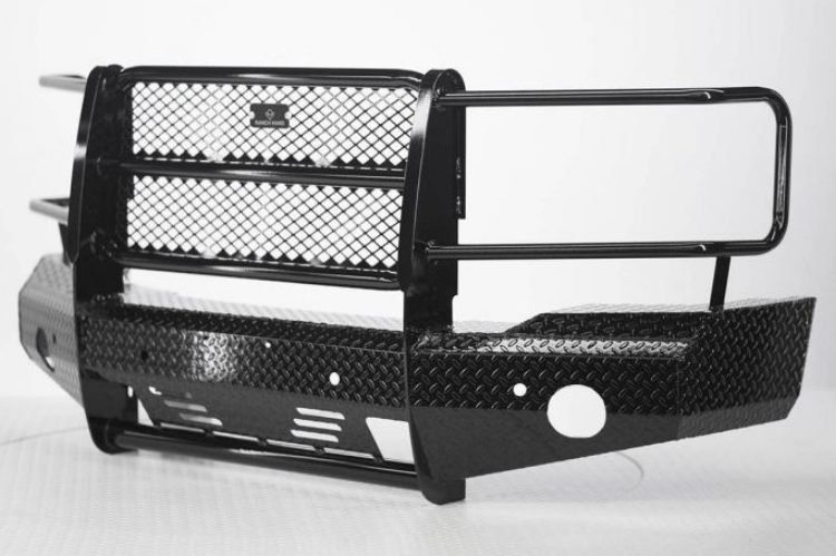 Black Ranch Hand Summit Front Bumper for 2015-2019 GMC Sierra 2500/3500HD with grill guard and fog lights.