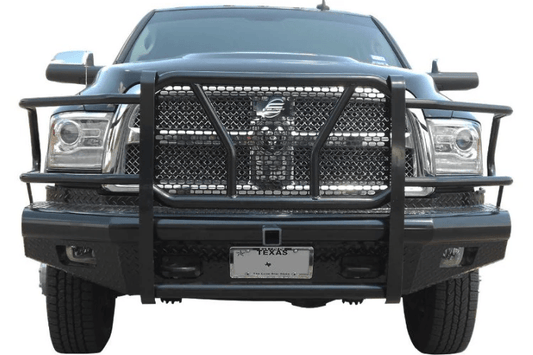 Steelcraft HD12260R heavy-duty front bumper with grille guard and hitch receiver for 2010–2018 Dodge Ram 2500 and 3500 trucks, rugged black steel off-road protection.