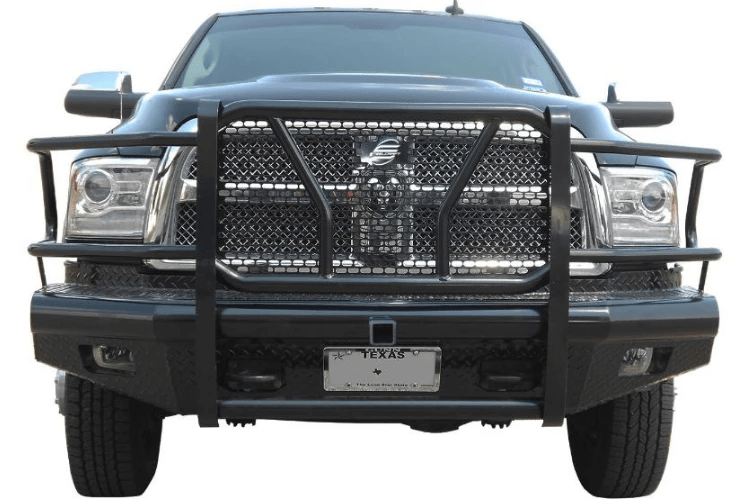 Steelcraft HD12260R heavy-duty front bumper with grille guard and hitch receiver for 2010–2018 Dodge Ram 2500 and 3500 trucks, rugged black steel off-road protection.