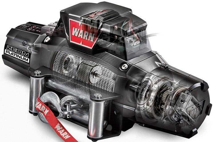 Warn 92820 Zeon Platinum 12K Truck Winch with synthetic rope and advanced wireless remote for heavy-duty recovery on off-road vehicles.
