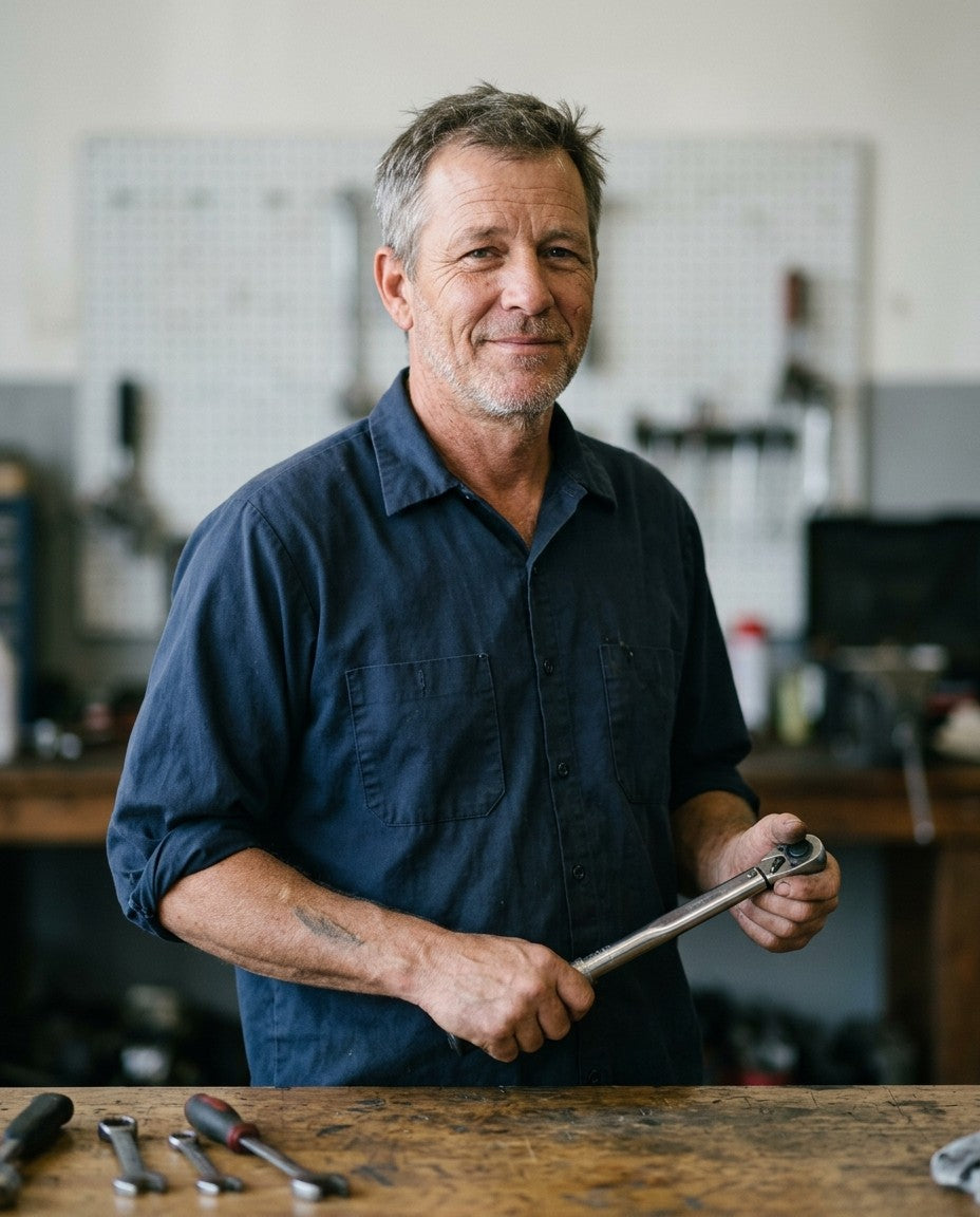 Blake Diesel Doc Harrington, ASE Master Technician, in his shop holding a torque wrench