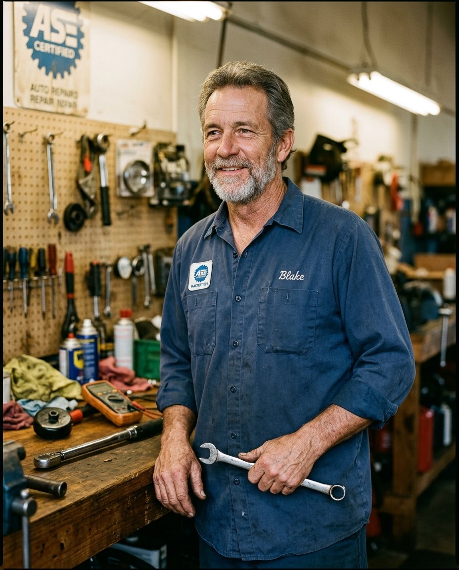 Blake Diesel Doc Harrington, ASE Master Technician, in his shop holding a torque wrench